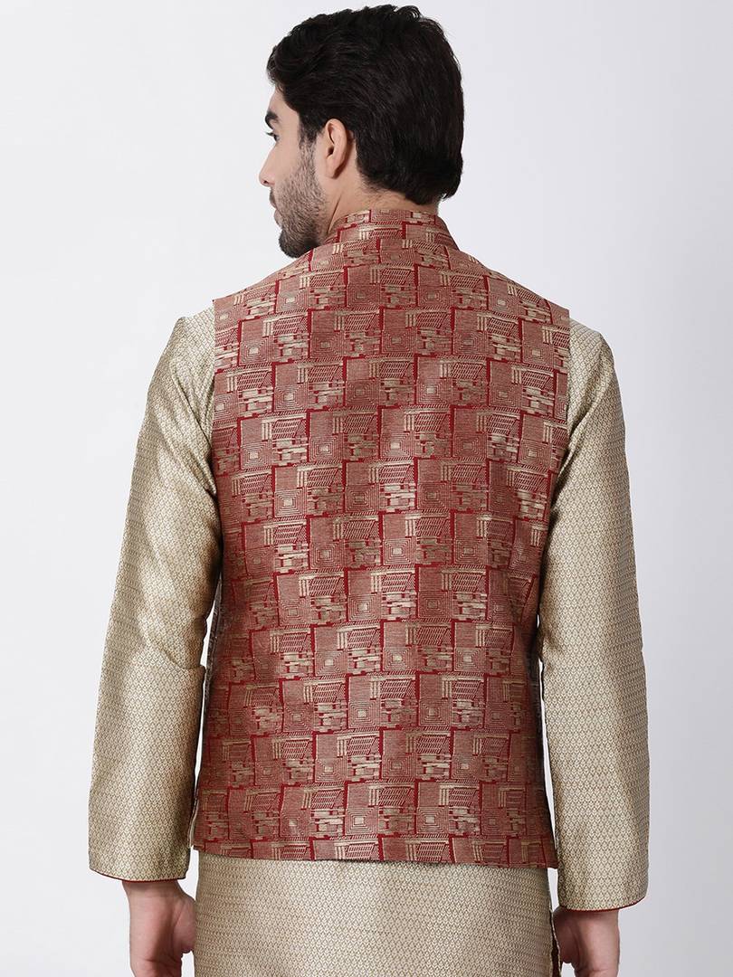 Men's Maroon 
Cotton Blend
 Woven Design Nehru Jackets
